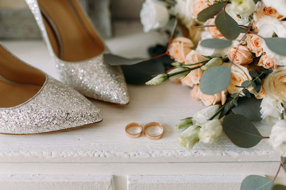 Wedding shoes and wedding paraphernalia, wedding bouquet, wedding gold rings